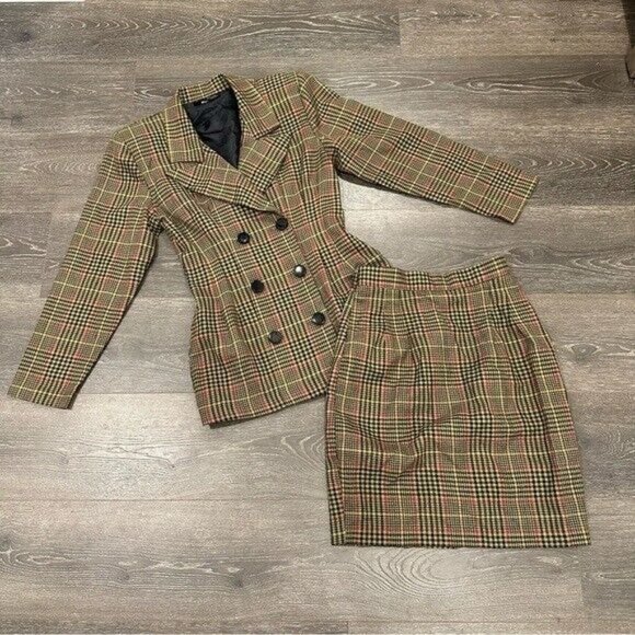 Vintage 80s Plaid Academia Doble Breasted Blazer and Skirt Suit Set Size Small - Picture 2 of 13